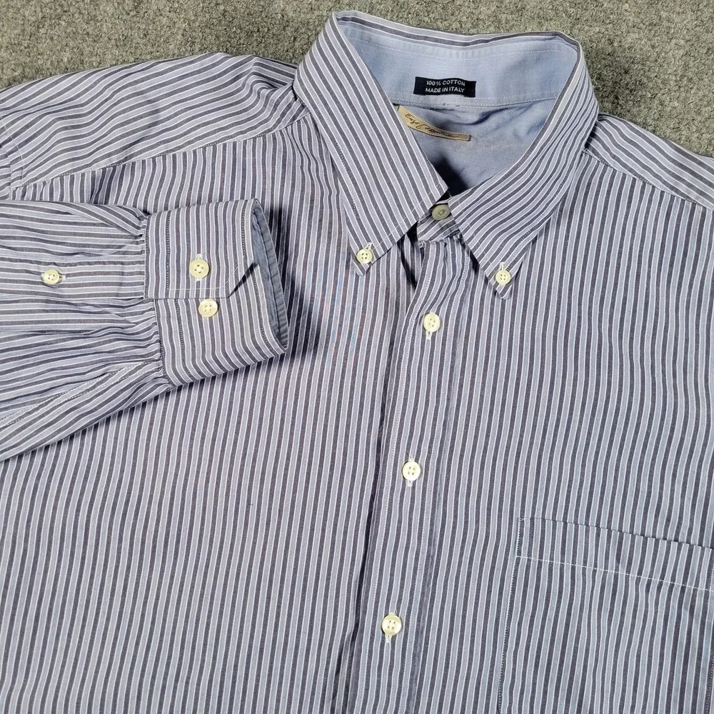 Made In Italy Shirt Mens Large Blue White Stripe Button Down Dress 100%‎ Cotton